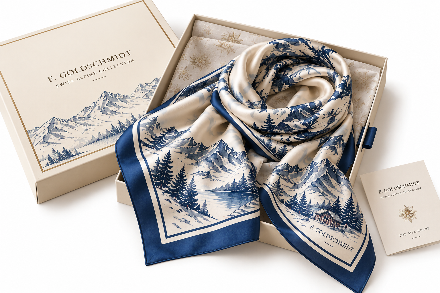 F. GOLDSCHMIDT Alpine silk scarf displayed in luxury gift presentation box
