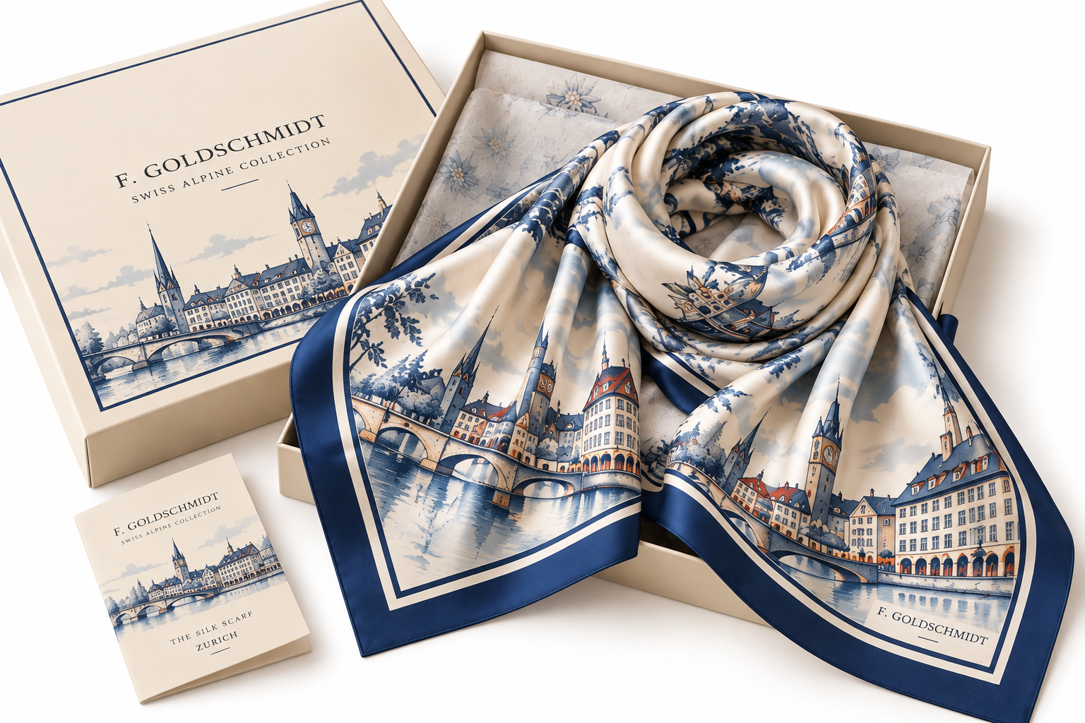 F. GOLDSCHMIDT Zurich architectural illustration silk scarf folded in luxury gift box