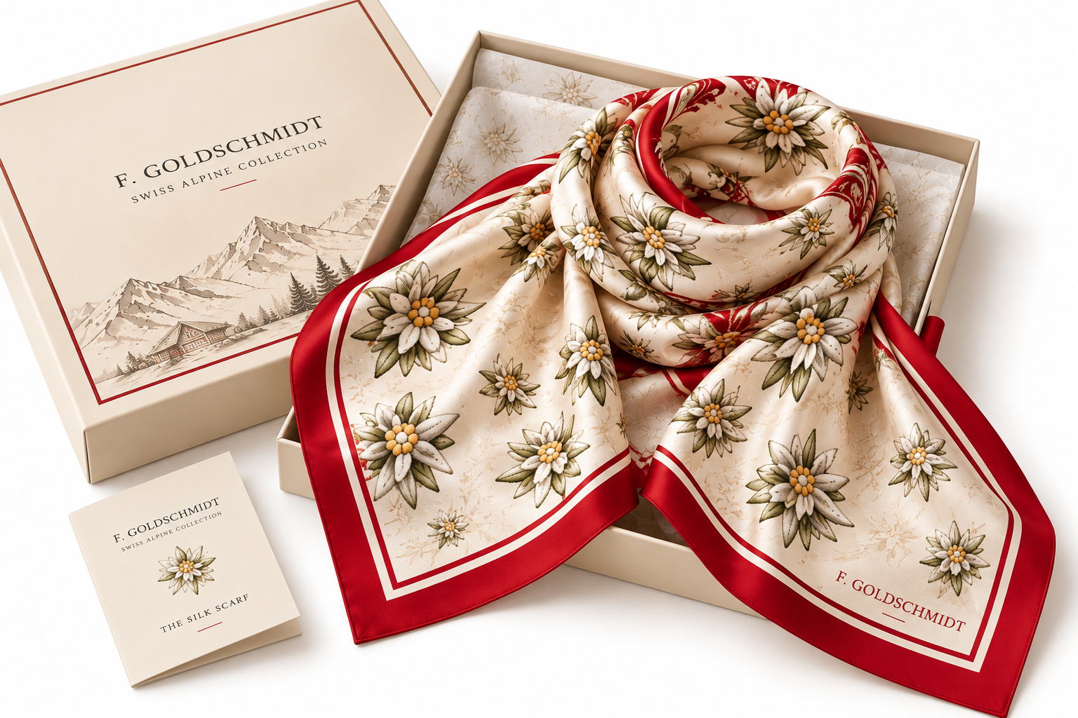 F. GOLDSCHMIDT Edelweiss botanical silk scarf presented in fine presentation packaging