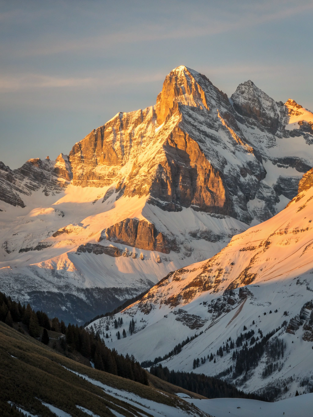 Serene Swiss Alpine peaks and morning light